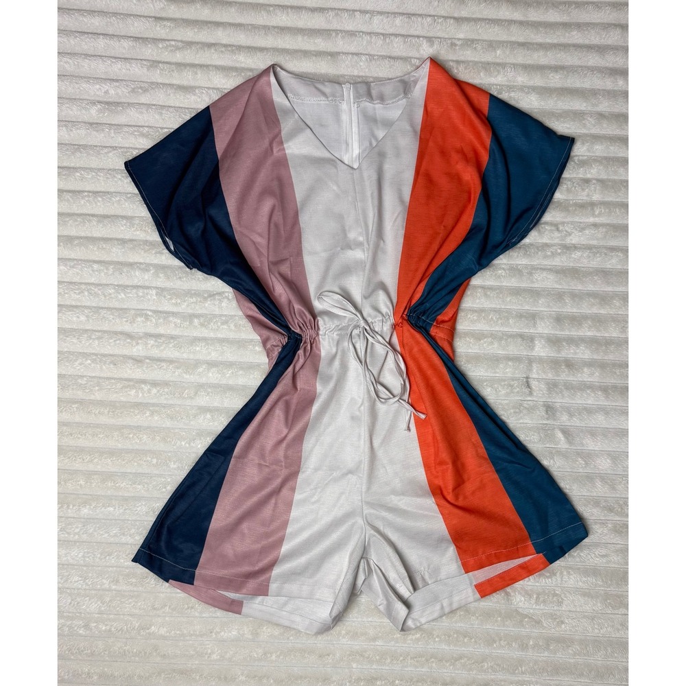 Women Colorblock V-Neck Short Sleeve Romper Drawstring Waist Navy Pink Orange L